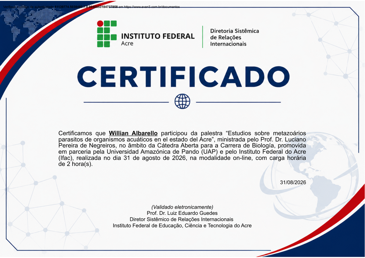 Certificado Cátedra Abierta: Estudios sobre Metazoários Parasitos — UAP e IFAC