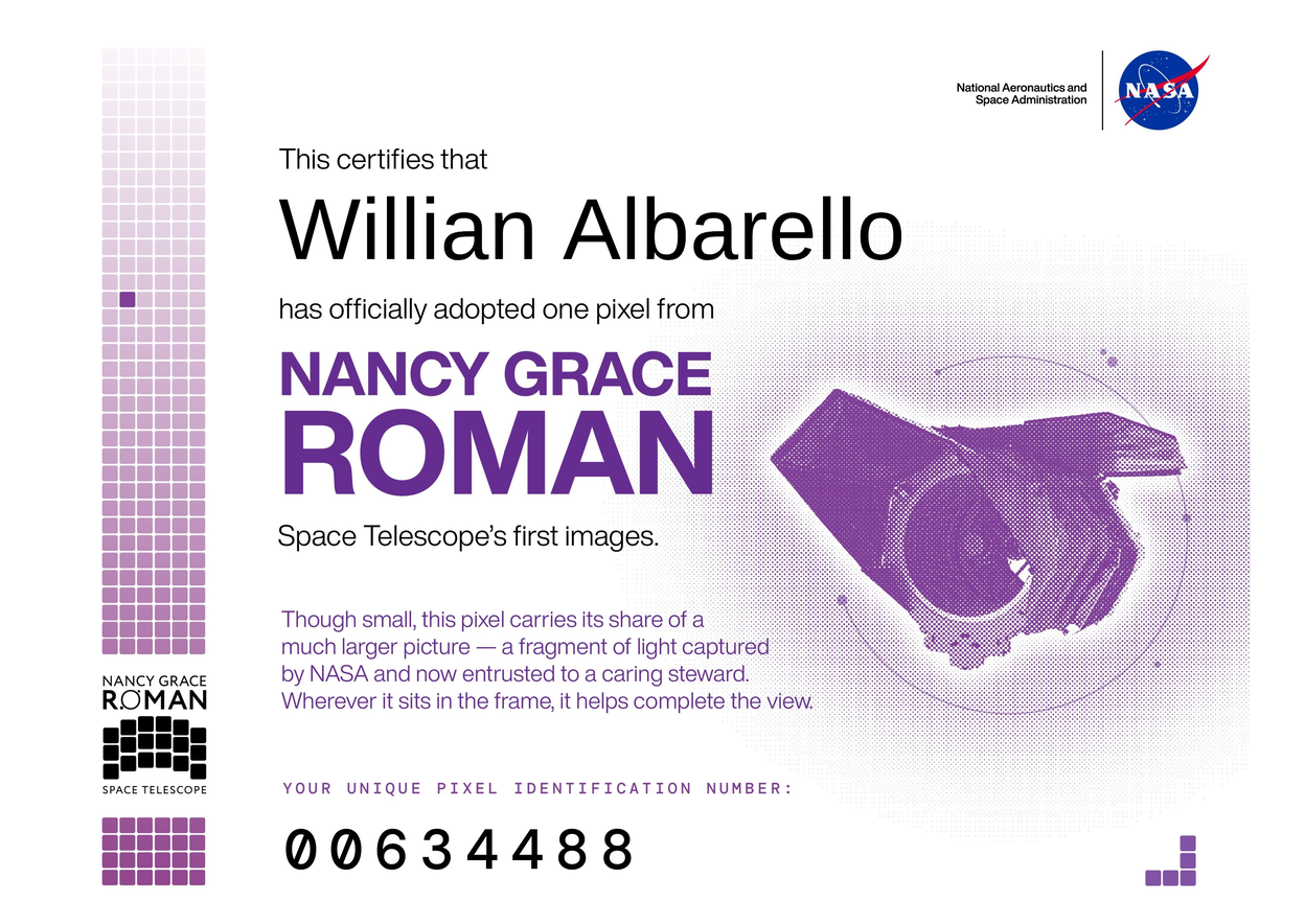 Certificado NASA Nancy Grace Roman Space Telescope — Adote um Pixel