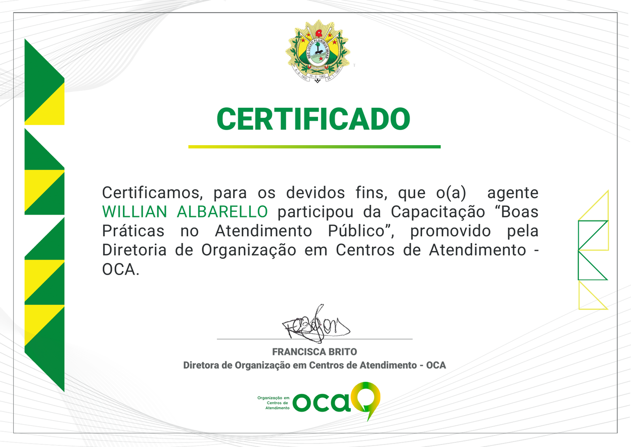 Certificado Boas Práticas no Atendimento Público — OCA
