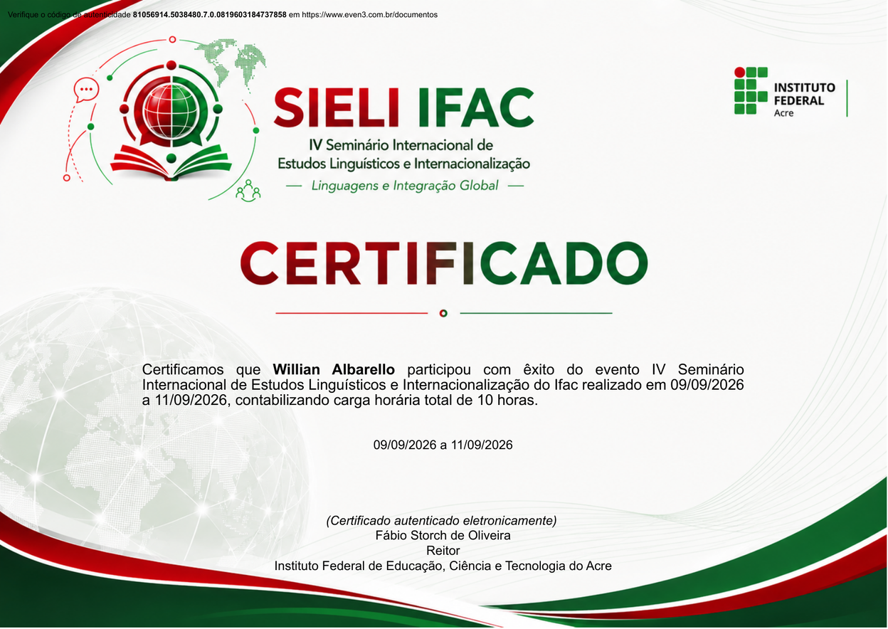 Certificado IV Seminário Internacional de Estudos Linguísticos e Internacionalização — Ifac
