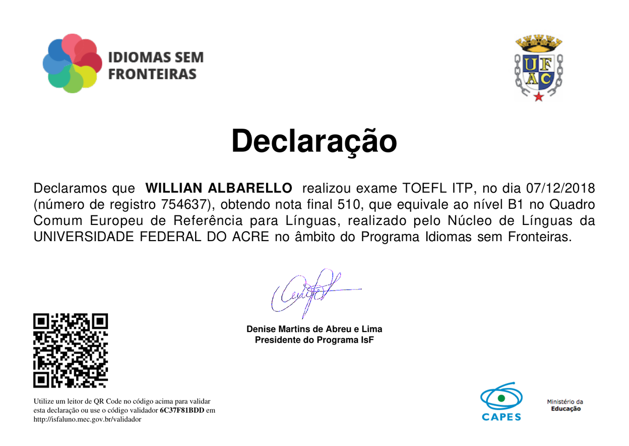 Declaração de Proficiência TOEFL ITP